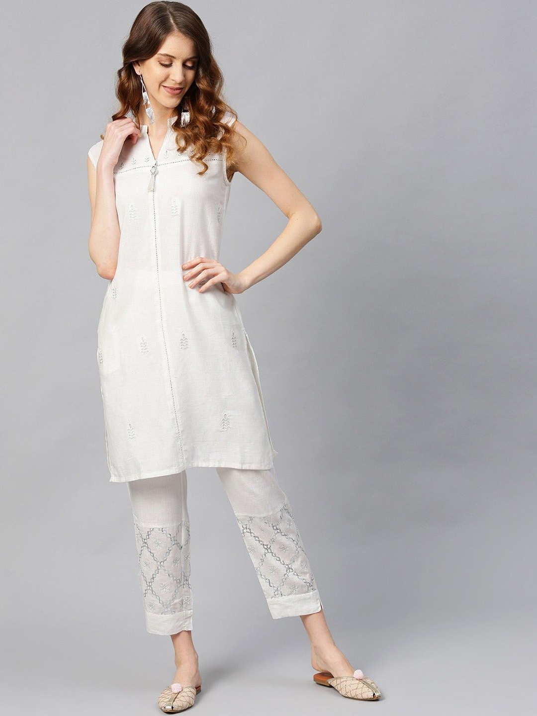 

Juniper Women Ethnic Motifs Regular Liva Kurta with Trousers, White