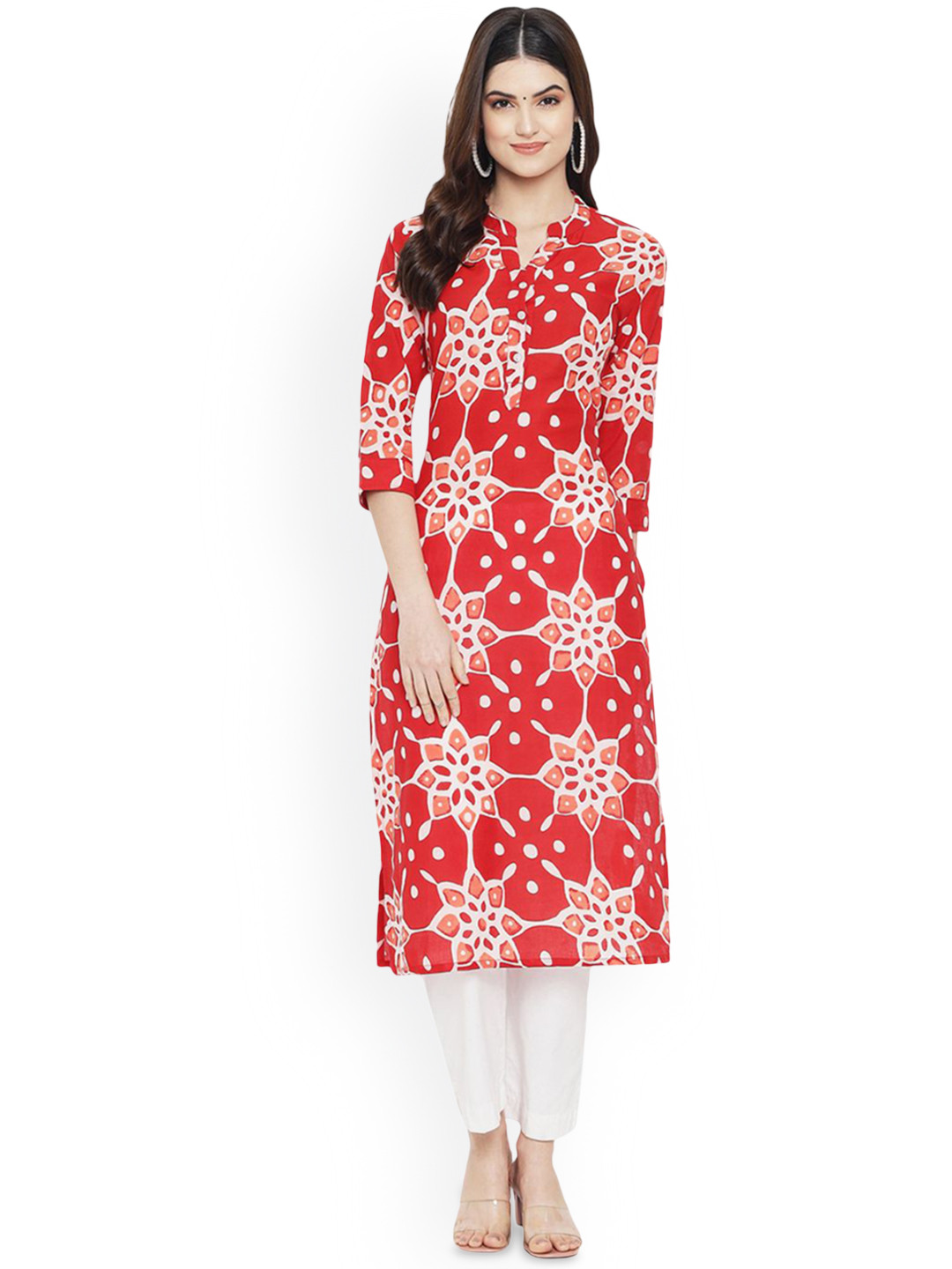 

7Threads Ethnic Motifs Printed Mandarin Collar Straight Cotton Kurta, Red