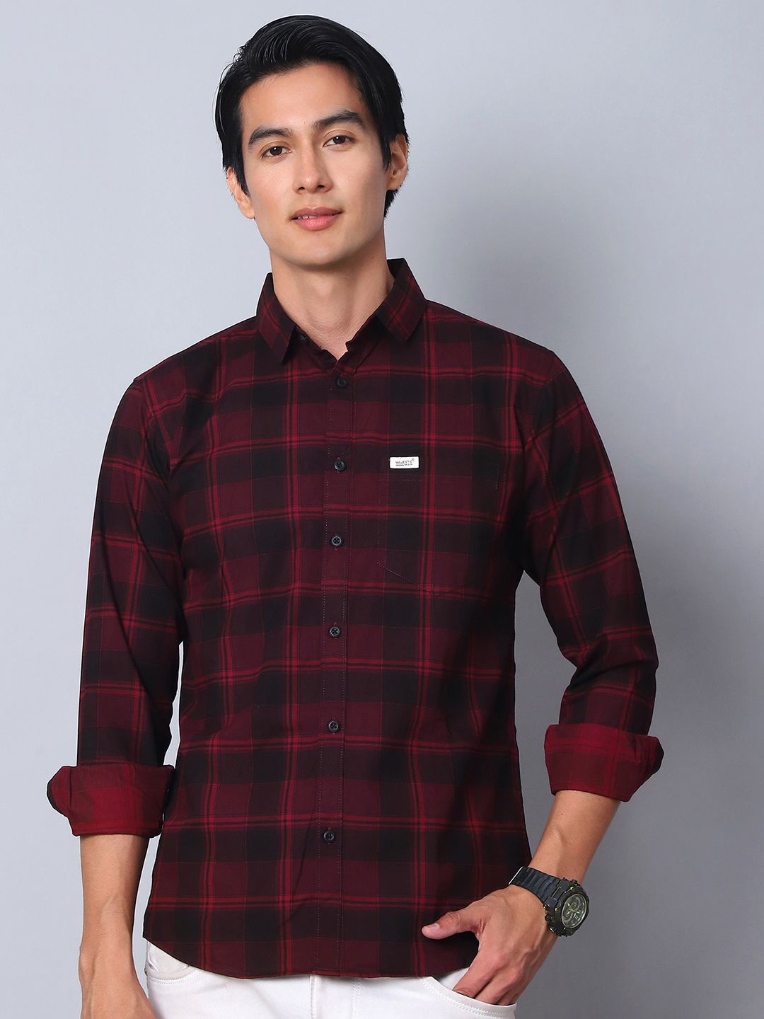 

Majestic Man Men Comfort Slim Fit Opaque Checked Casual Shirt, Maroon