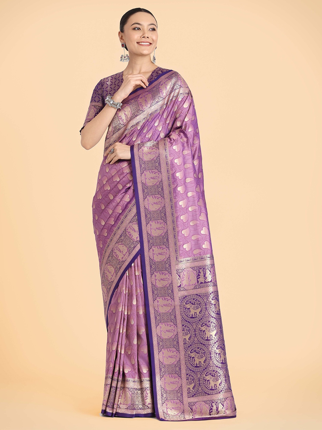 

MONJOLIKA FASHION Woven Design Zari Silk Blend Handloom Banarasi Saree, Lavender