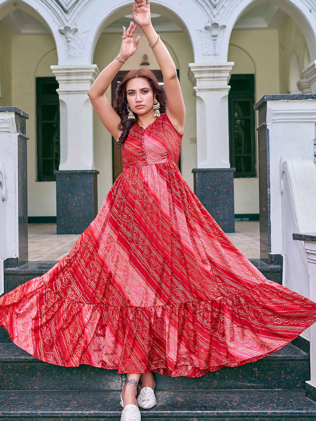 

Chandbaali Bandhani Printed Flared Maxi Dress, Red