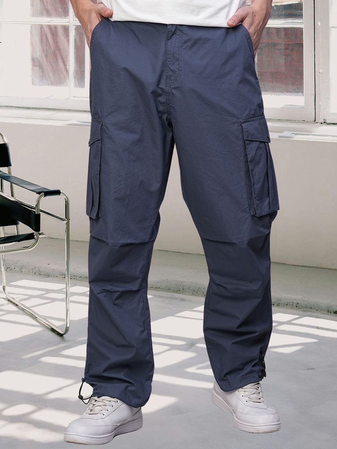 

PRONK Men Pure Cotton Cargo Trouser, Blue