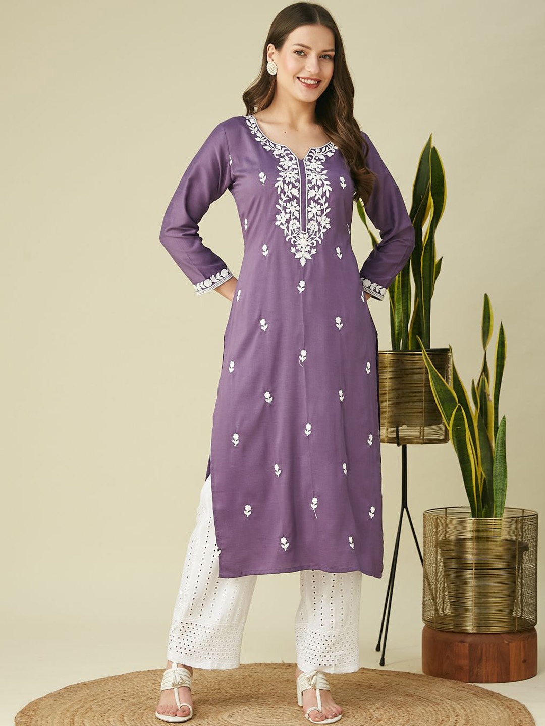 

Colors of Earth Women Embroidered Regular Kurta with Palazzos, Purple