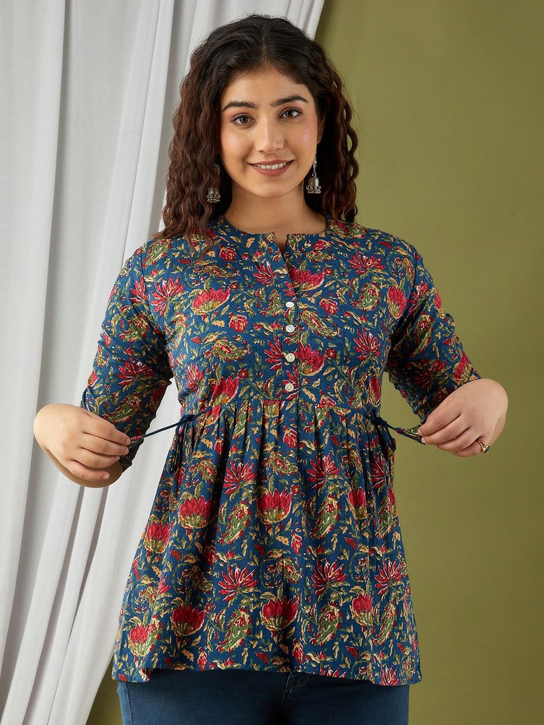 

FEMARY Geometric Print Mandarin Collar Cotton Top, Blue