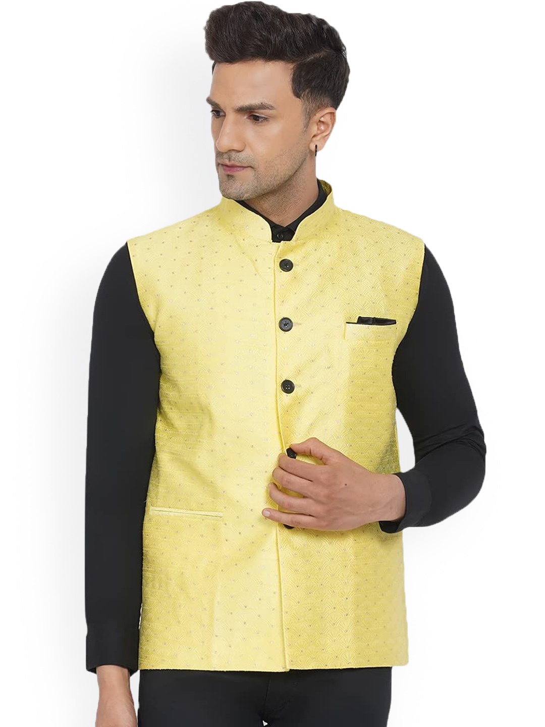 

VEERA PARIDHAAN Printed Brocade Nehru Jacket, Yellow