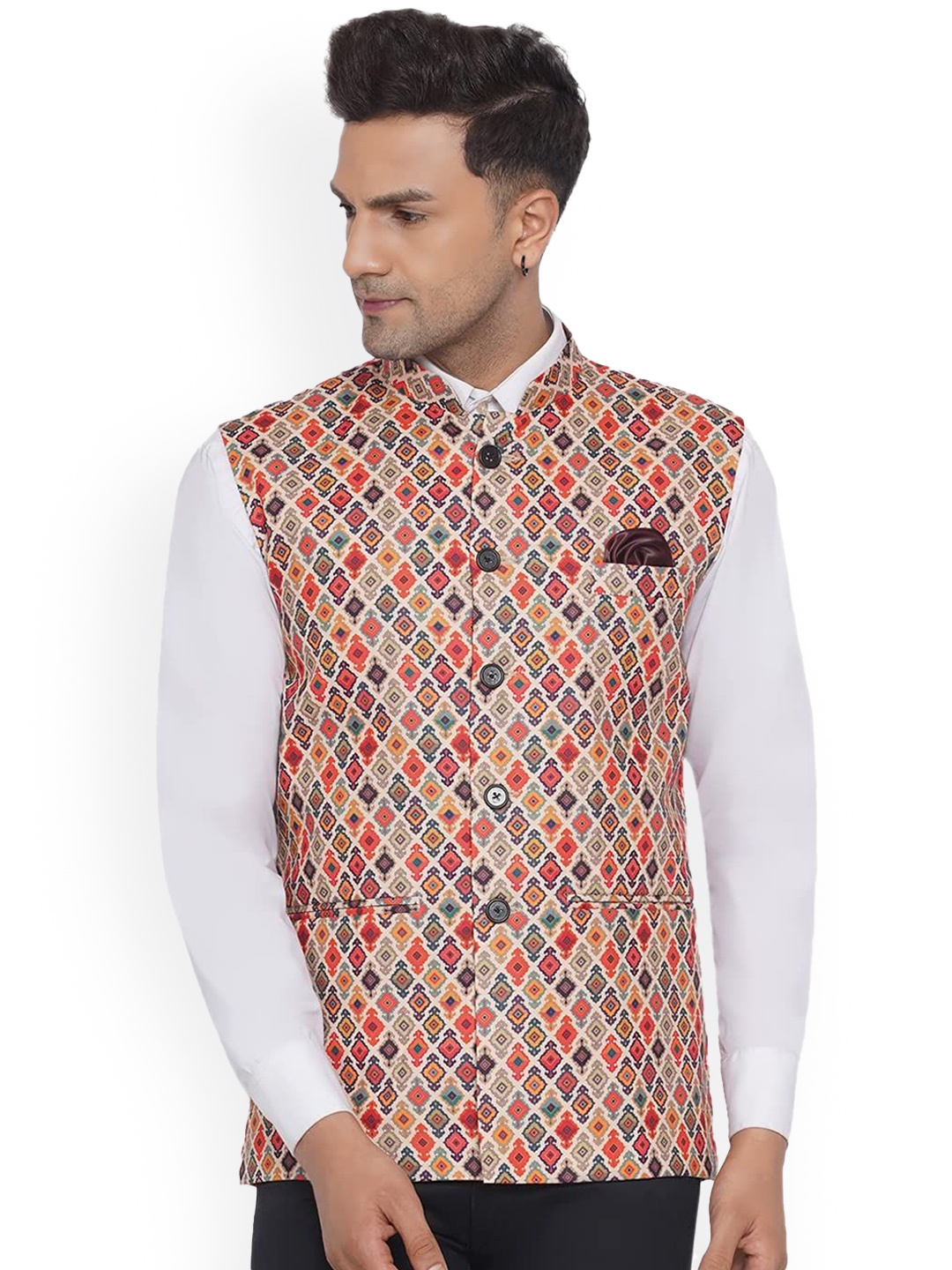 

VEERA PARIDHAAN Cotton Printed Mandarin Collar Nehru Jacket, Beige