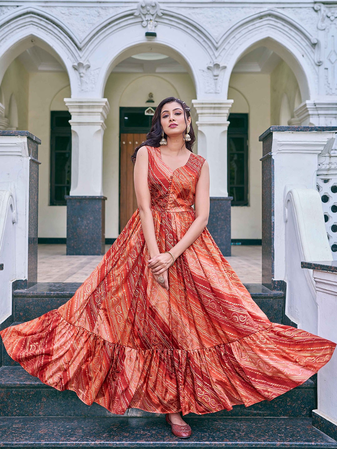 

CHANSI Bandhani Printed V Neck Ethnic Dresses, Rust