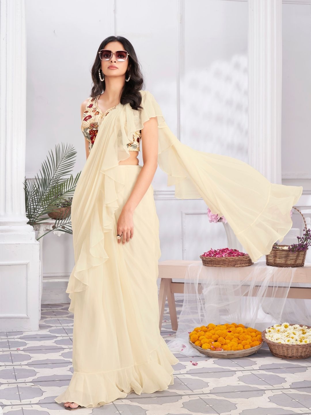 

Suha Floral Embroidered Satin Saree, Cream