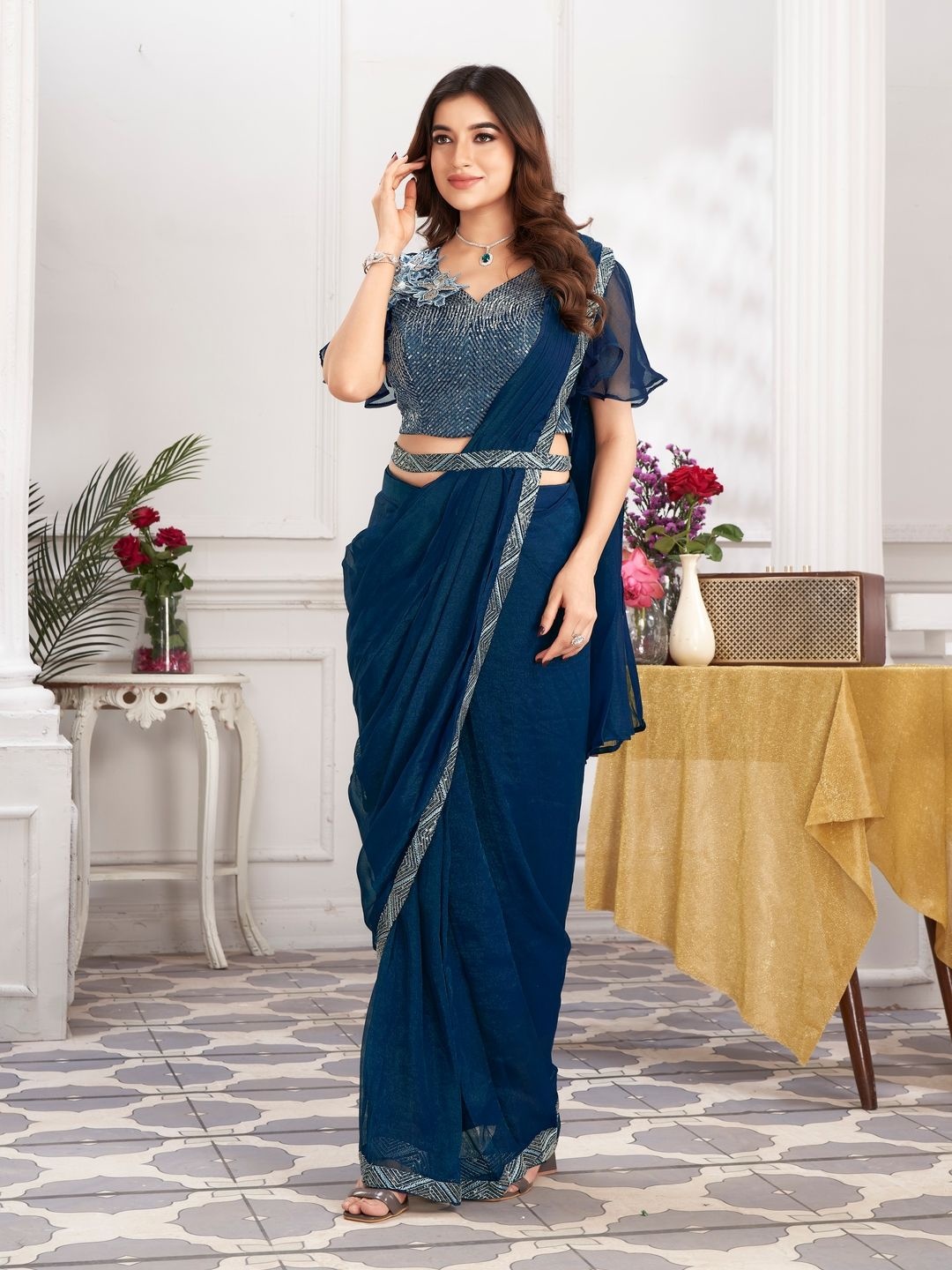 

Suha Embroidered Poly Georgette Saree, Blue