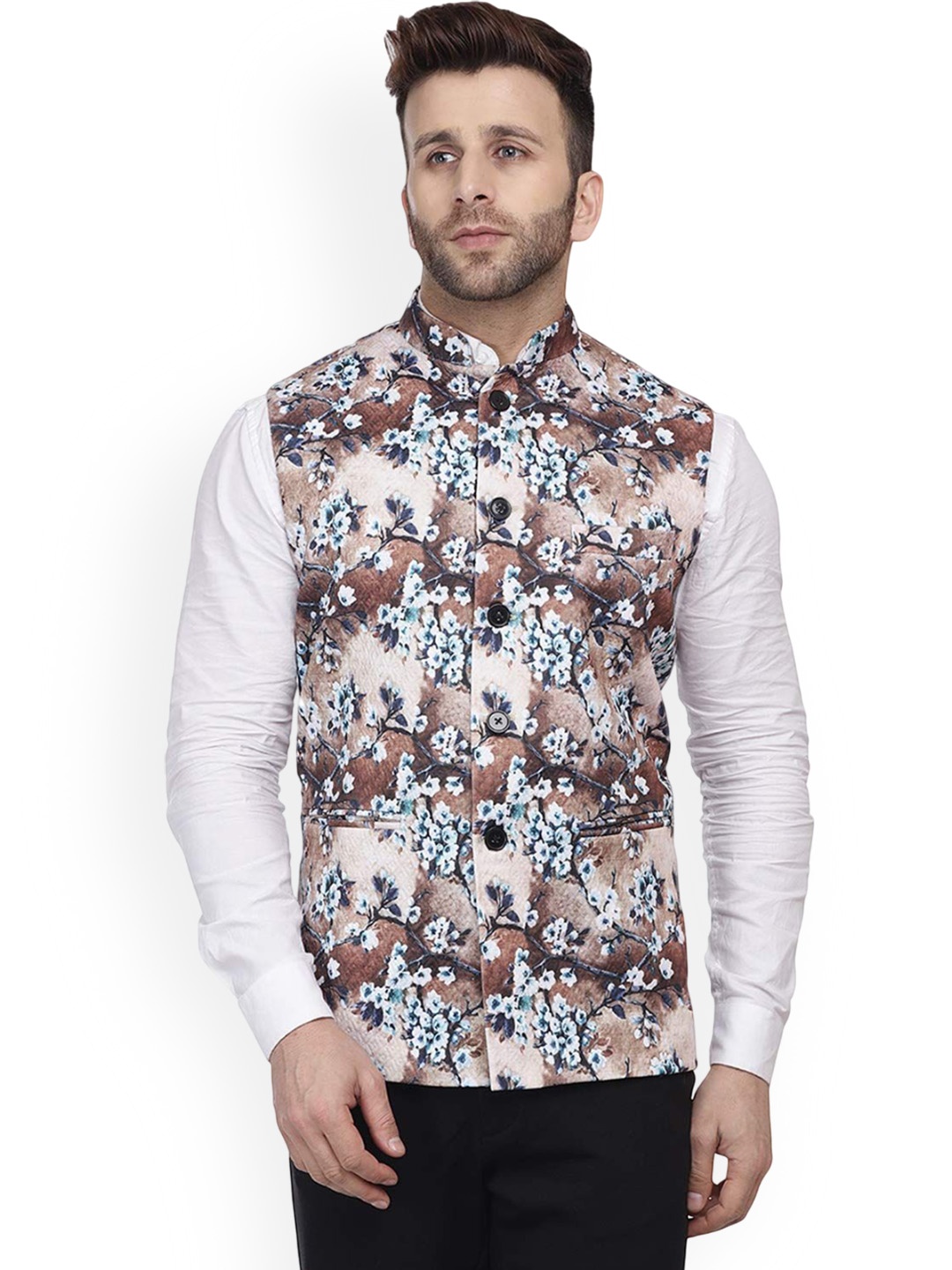 

VEERA PARIDHAAN Floral Printed Pure Cotton Nehru Jacket, Beige
