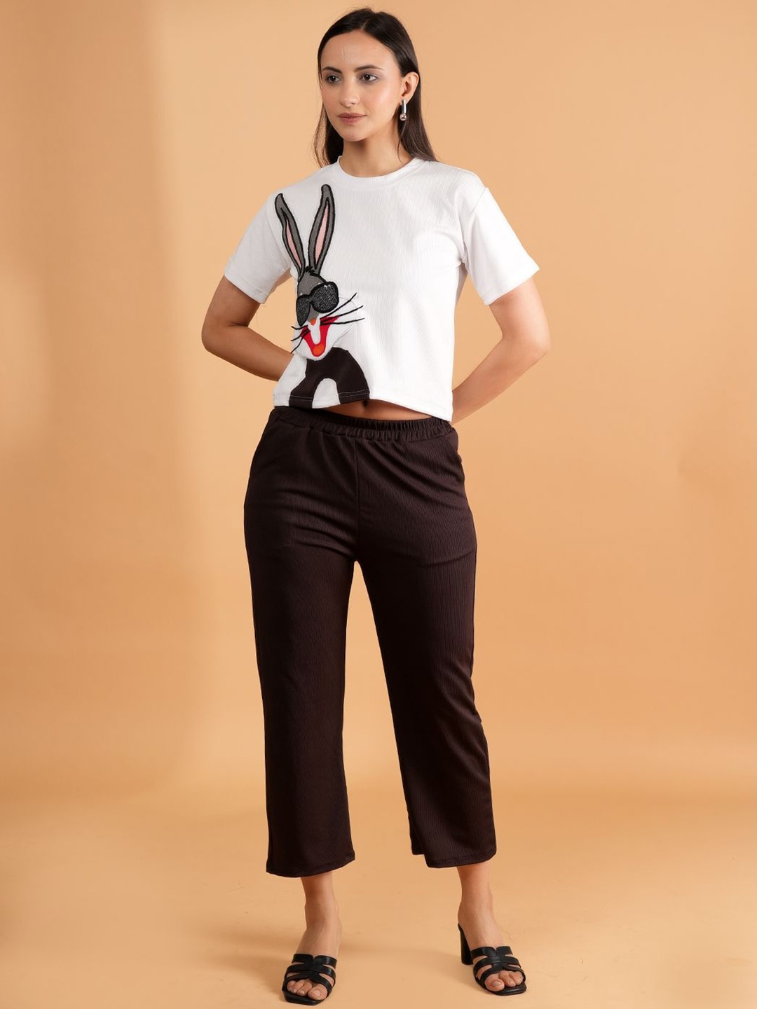 

Belfry Animal Printed Round Neck T-Shirt With Trousers Co-Ords, White