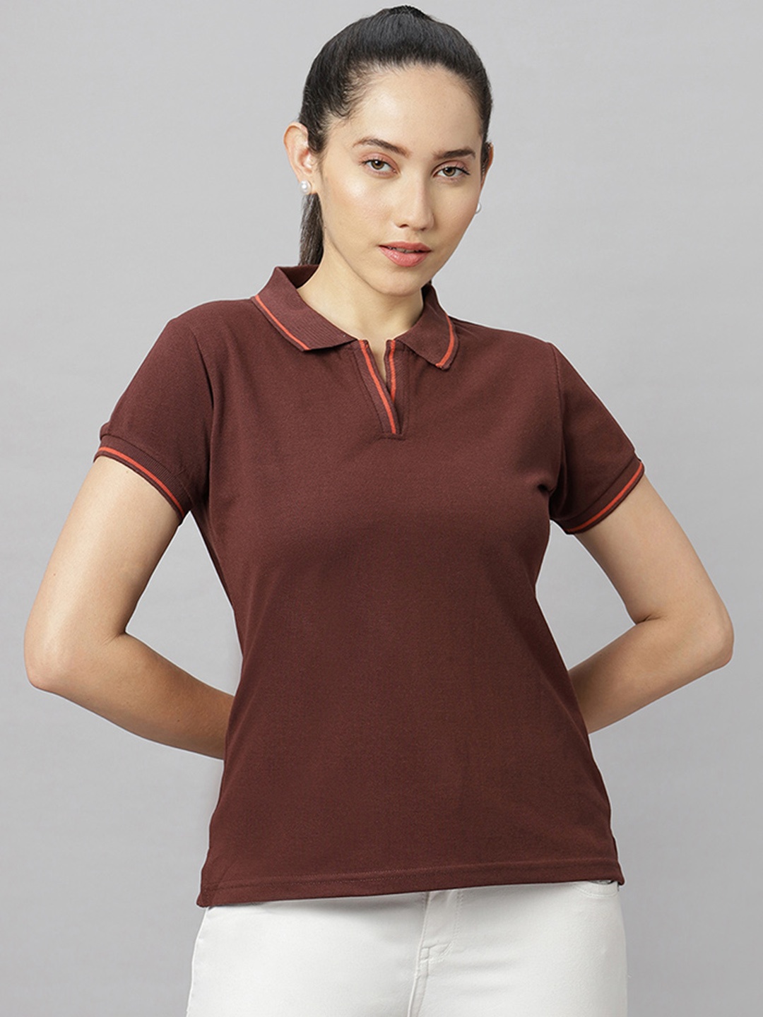 

Wear Your Opinion Women Polo Collar Pockets T-shirt, Brown