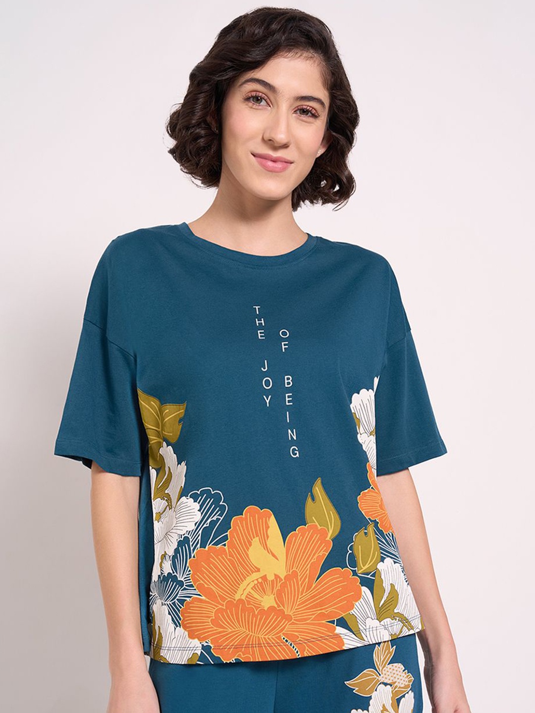 

Dreamz by Pantaloons Floral Printed Pure Cotton Lounge Tshirt, Teal