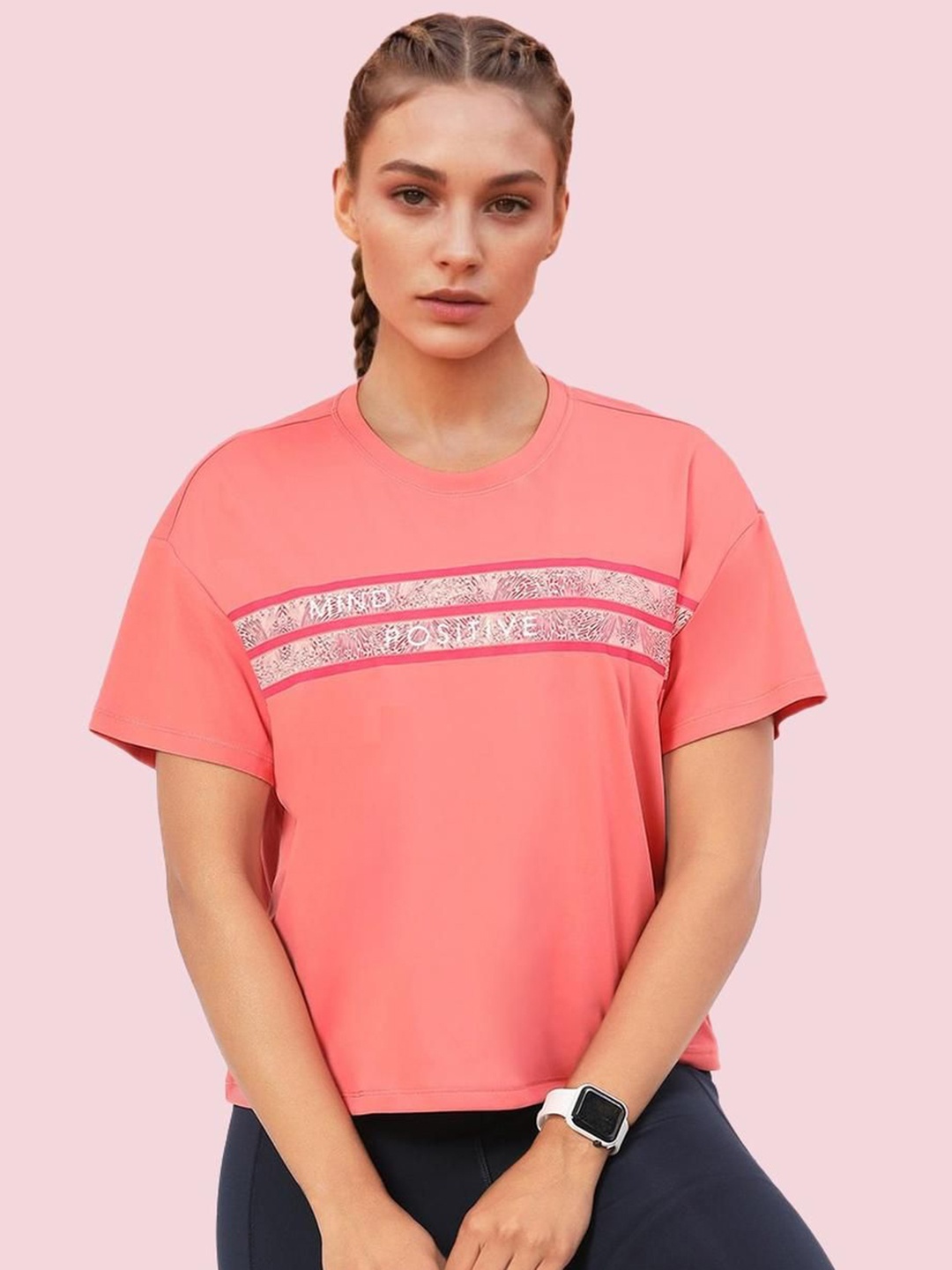 

Enamor Women Printed Antimicrobial Pockets T-shirt, Coral