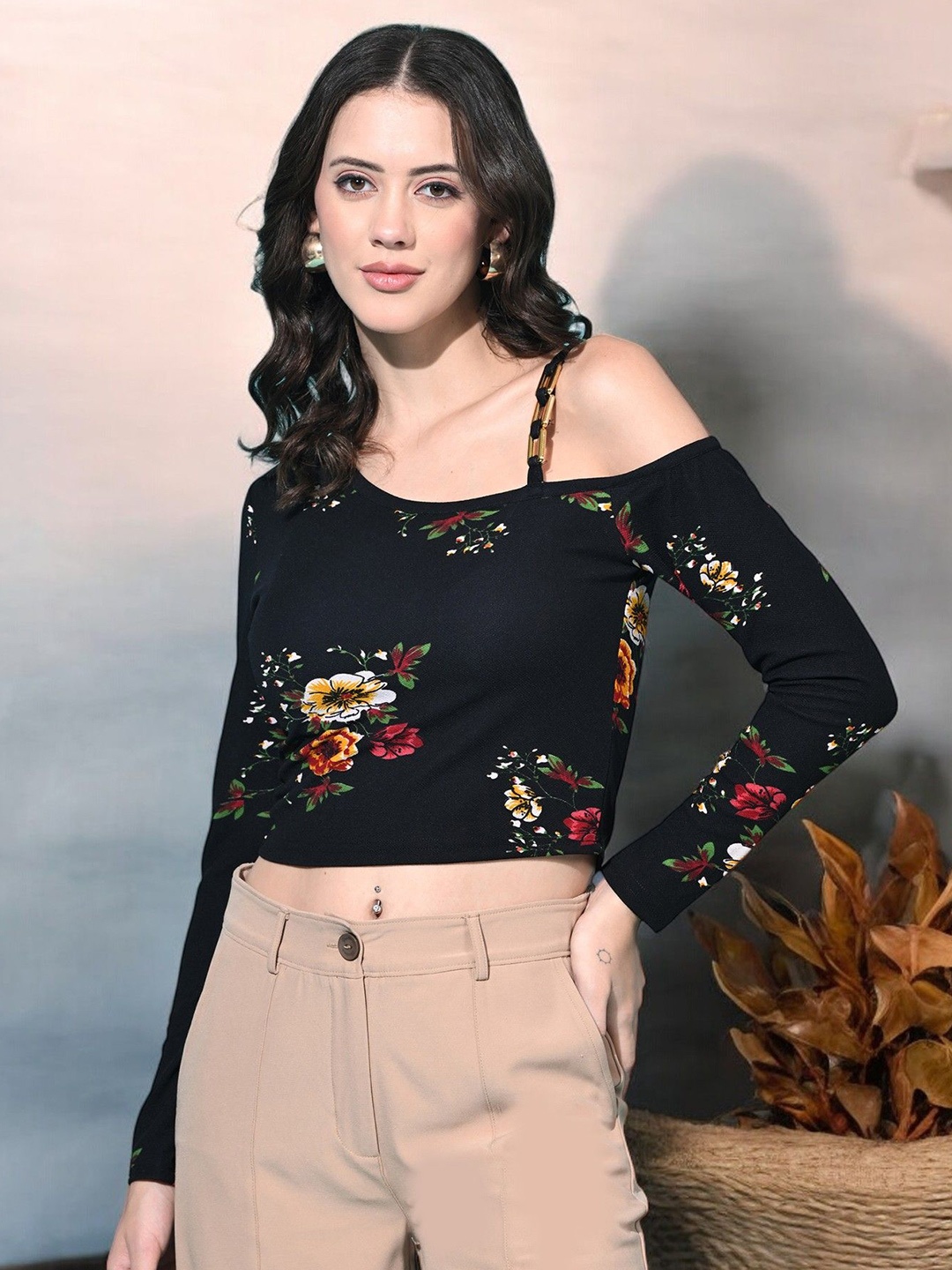 

IUGA Print Off-Shoulder Crop Top, Black