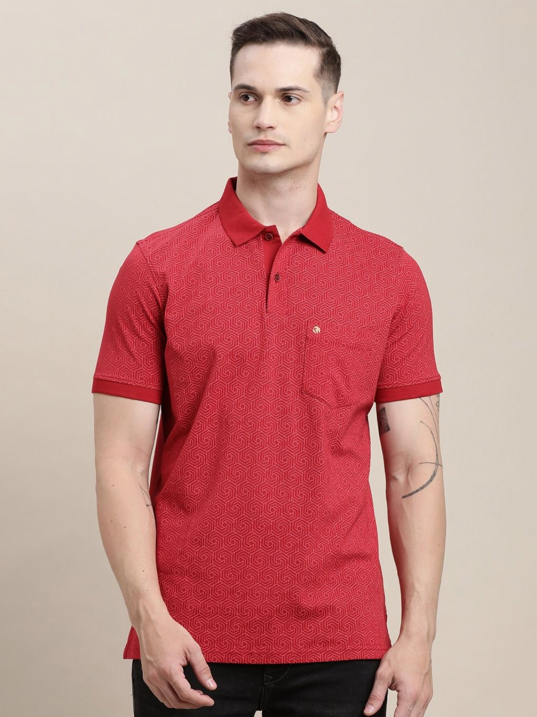 

Turtle Men Printed Polo Collar Pockets Slim Fit T-shirt, Red