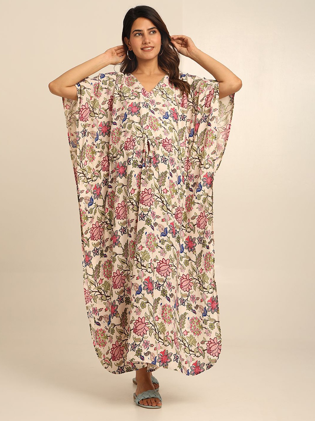 

CRAFTBAZAR Floral Print Maternity Kaftan Maxi Dress, Cream
