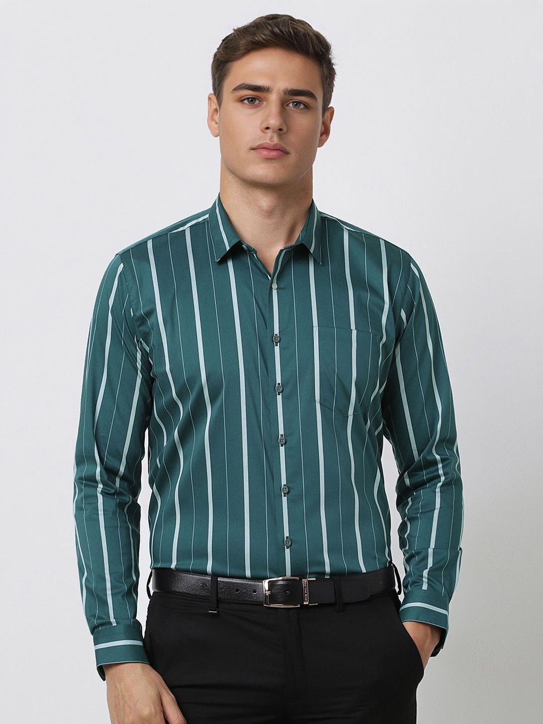 

Van Heusen Men Slim Fit Opaque Striped Formal Shirt, Green