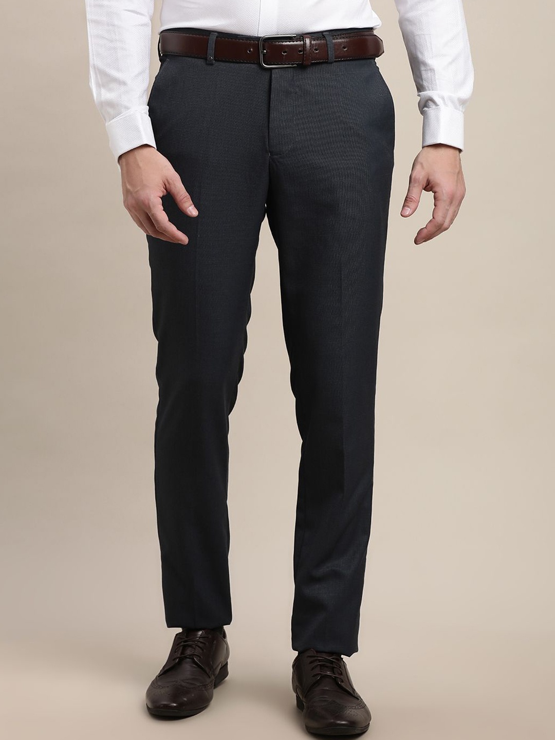 

Turtle Men Textured Tailored Slim Fit Trousers, Navy blue
