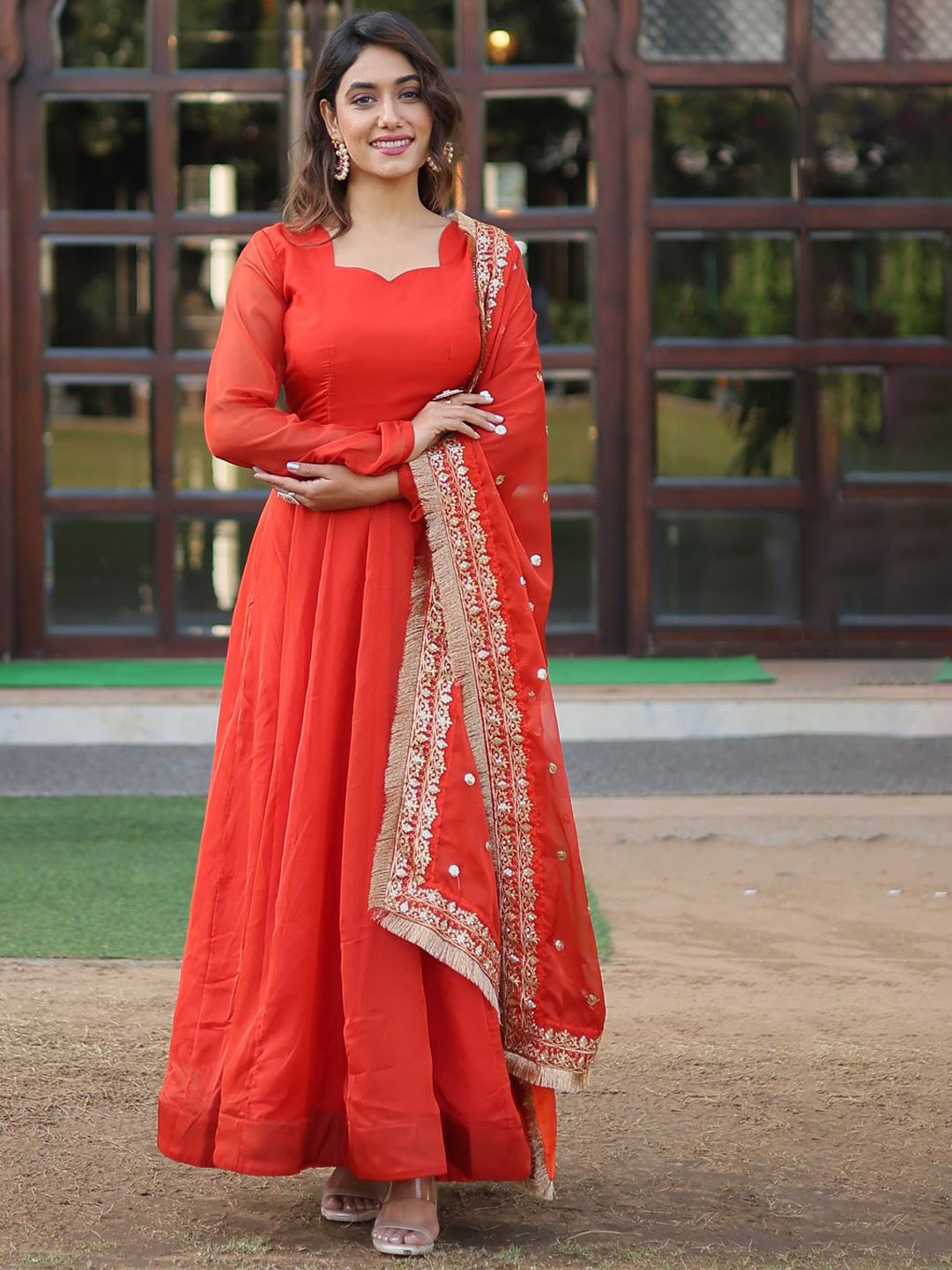 

Ethnic Yard Women Geometric Georgette Anarkali Kurta, Orange