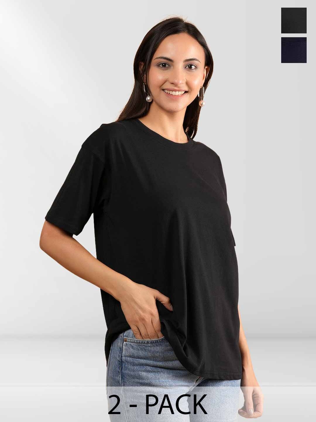

Belfry Women Pack of 2 Solid Round Neck Cotton T-shirts, Black