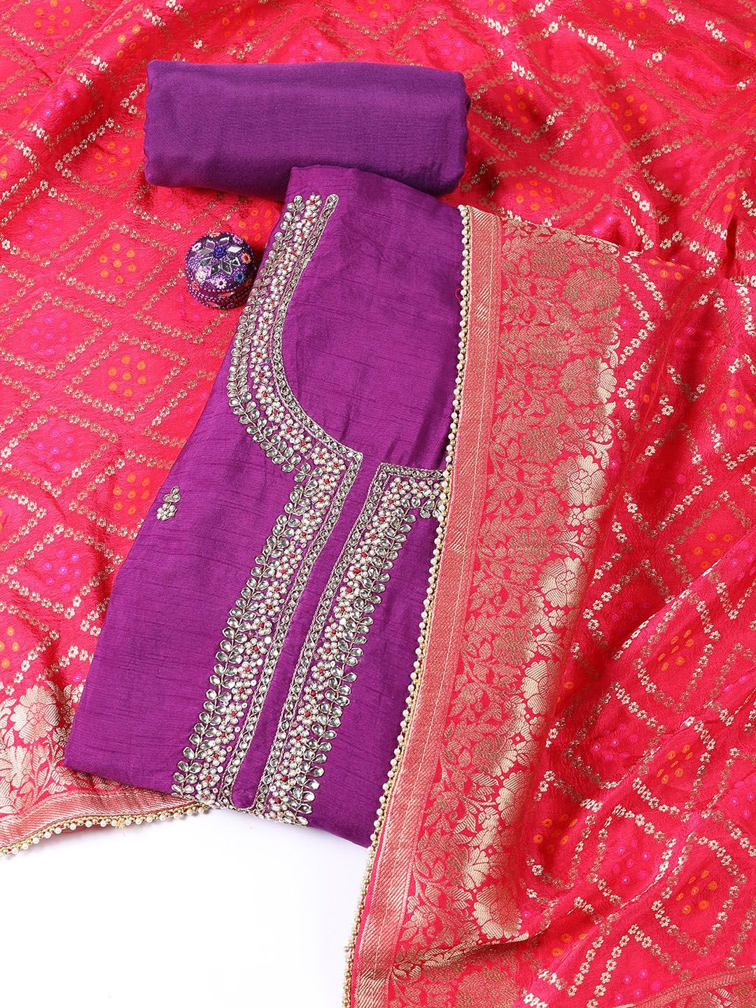 

Meena Bazaar Embroidered Art Silk Unstitched Dress Material, Purple