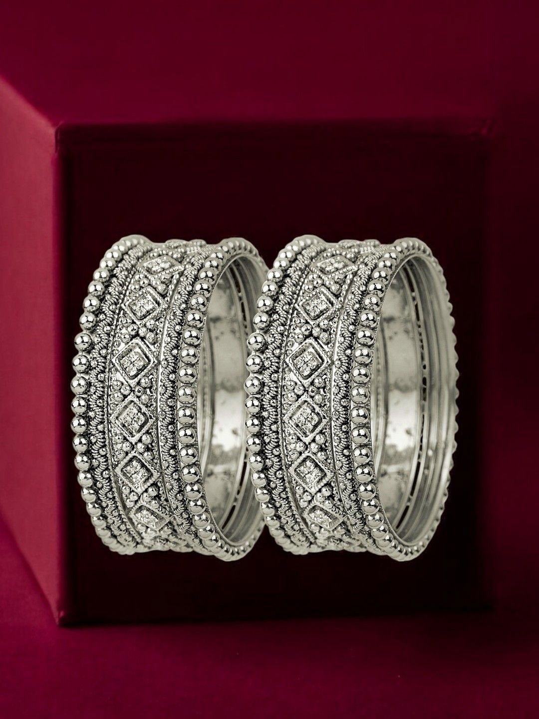 

FEMMIBELLA Set Of 10 Silver-Plated Cubic Zirconia-Studded Chuda Bangles