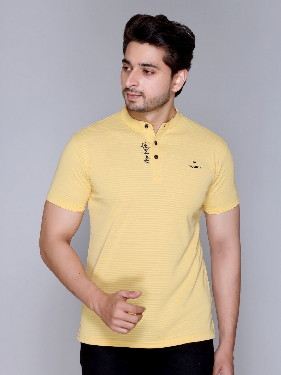 

Yoorix Men Mandarin Collar T-shirt, Yellow