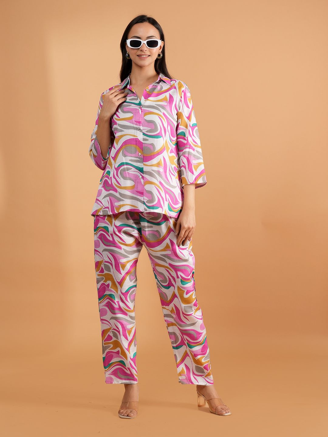 

Belfry Printed Collared Shirt & Trousers Co-Ord Set, Pink