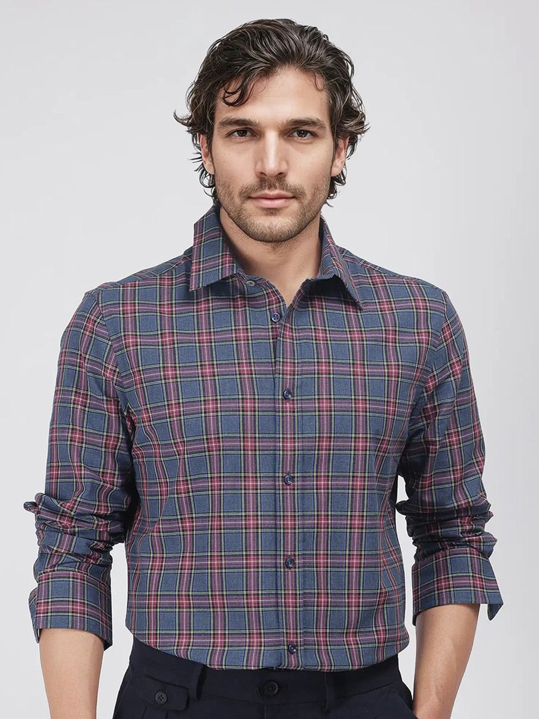 

RARE RABBIT Men Comfort Tartan Checks Opaque Checked Casual Shirt, Blue