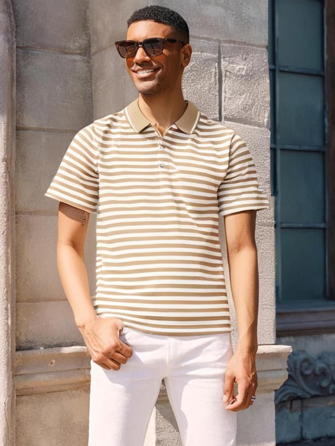

MACK JONNEY Men Striped Polo Collar Pockets T-shirt, Beige