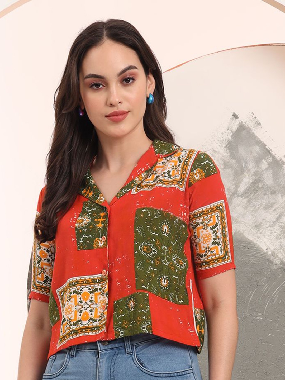 

Taswak Print Ethnic Shirt Style Top, Red