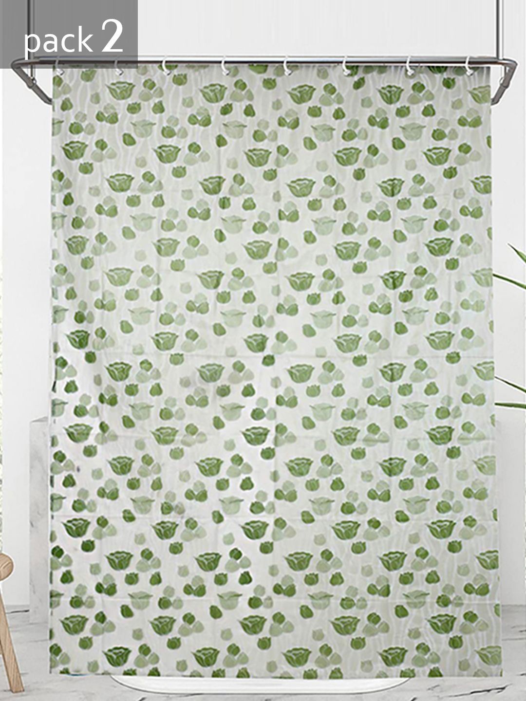 

Kuber Industries 2-Pcs Green Flower Printed Shower Curtains