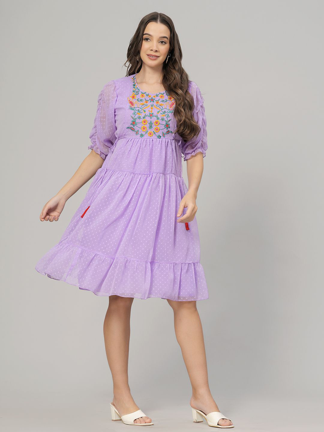 

AARDRAA Floral Puff Sleeve Georgette Fit & Flare Dress, Purple