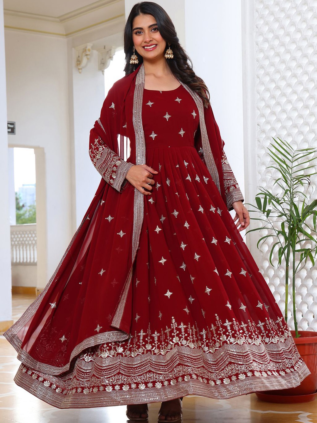 

Ethnic Yard Women Floral Embroidered Regular Sequinned Kurta with Pyjamas & With Dupatta, Maroon