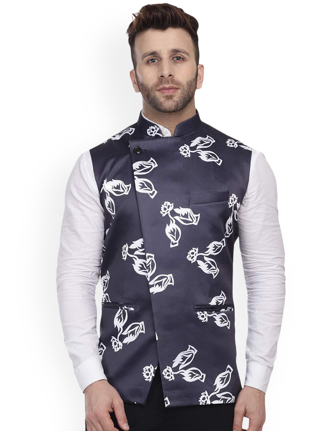

VEERA PARIDHAAN Satin Printed Mandarin Collar Nehru Jacket, Blue