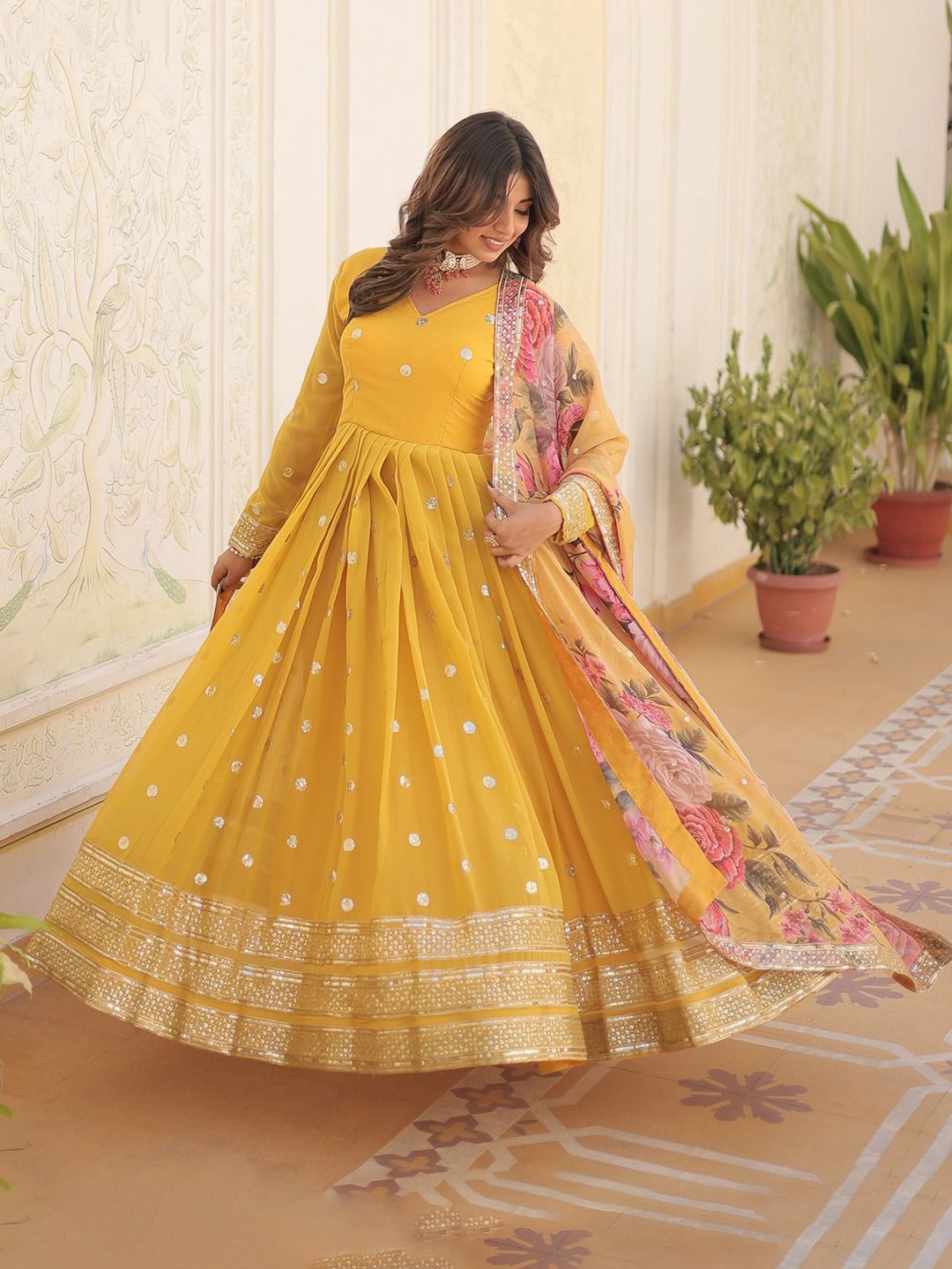 

Anara Women Floral Embroidered Sequinned Georgette Anarkali Kurta, Yellow