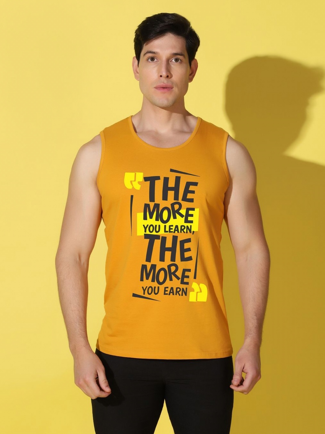 

WOOSTRO Men Typography Printed Raw Edge Slim Fit T-shirt, Mustard