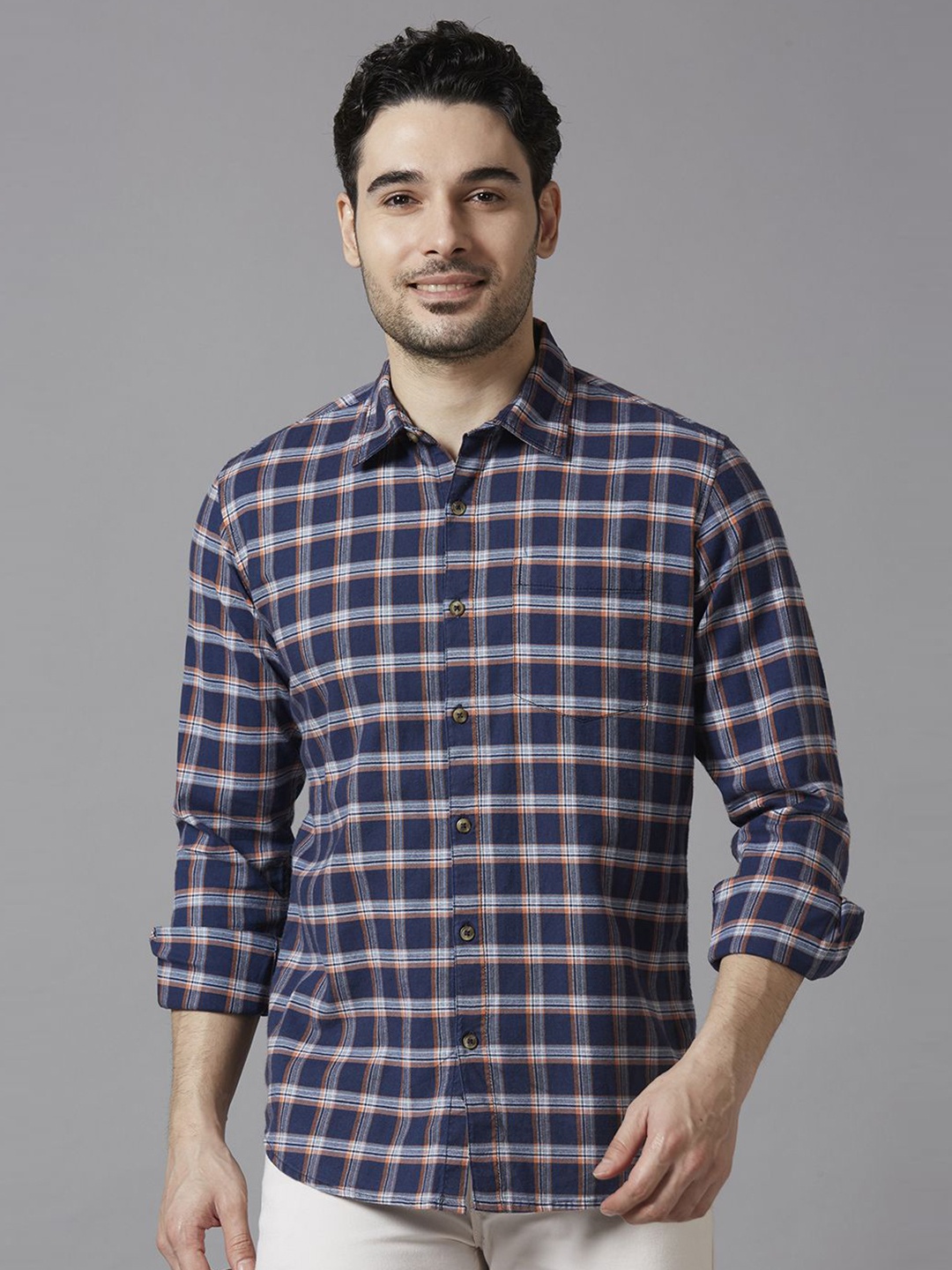 

SNX Men Tailored Fit Tartan Checks Opaque Checked Casual Shirt, Navy blue