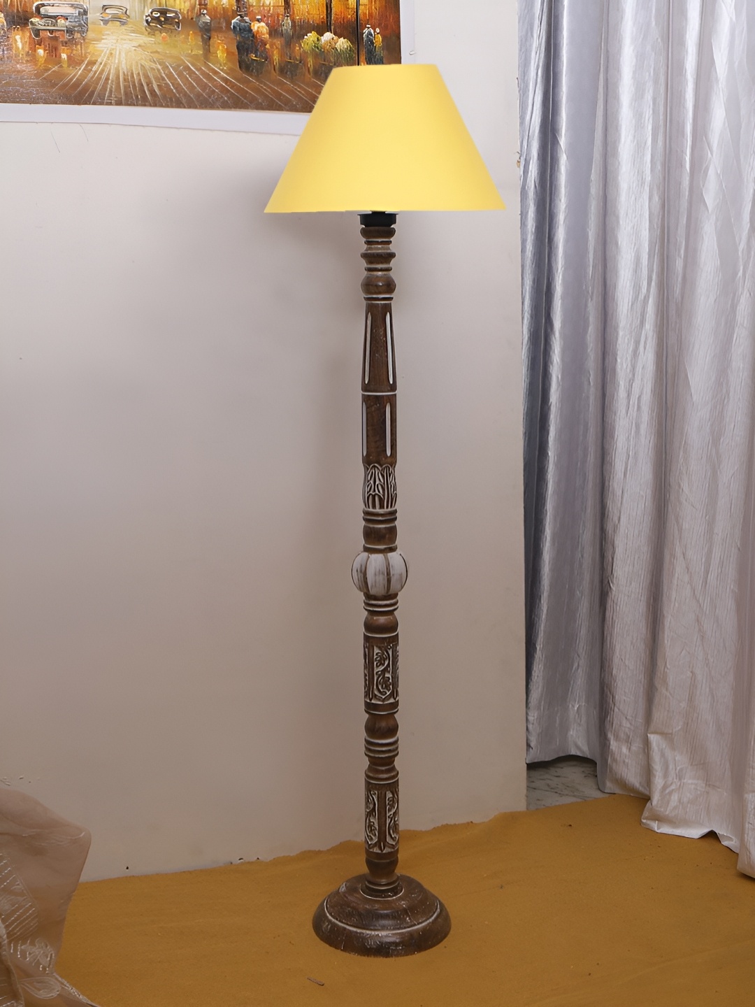 

Devansh Yellow & Brown Conical Open Snake Wooden Floor Lamp