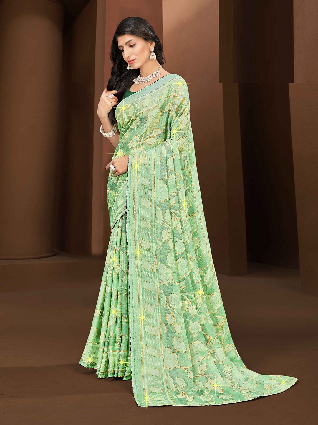 

MAHALASA Floral Brasso Saree, Green