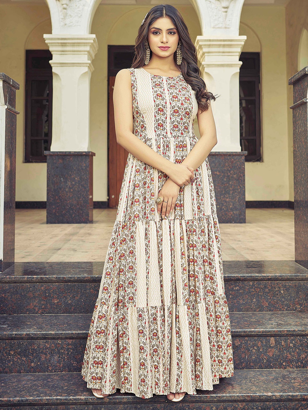 

Chandbaali Printed Round Neck A-Line EthnicDresses, White