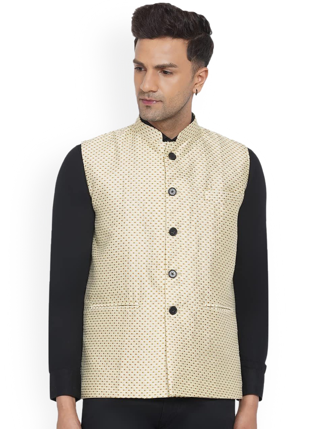 

VEERA PARIDHAAN Printed Jacquard Design Mandarin Collar Nehru Jacket, Beige