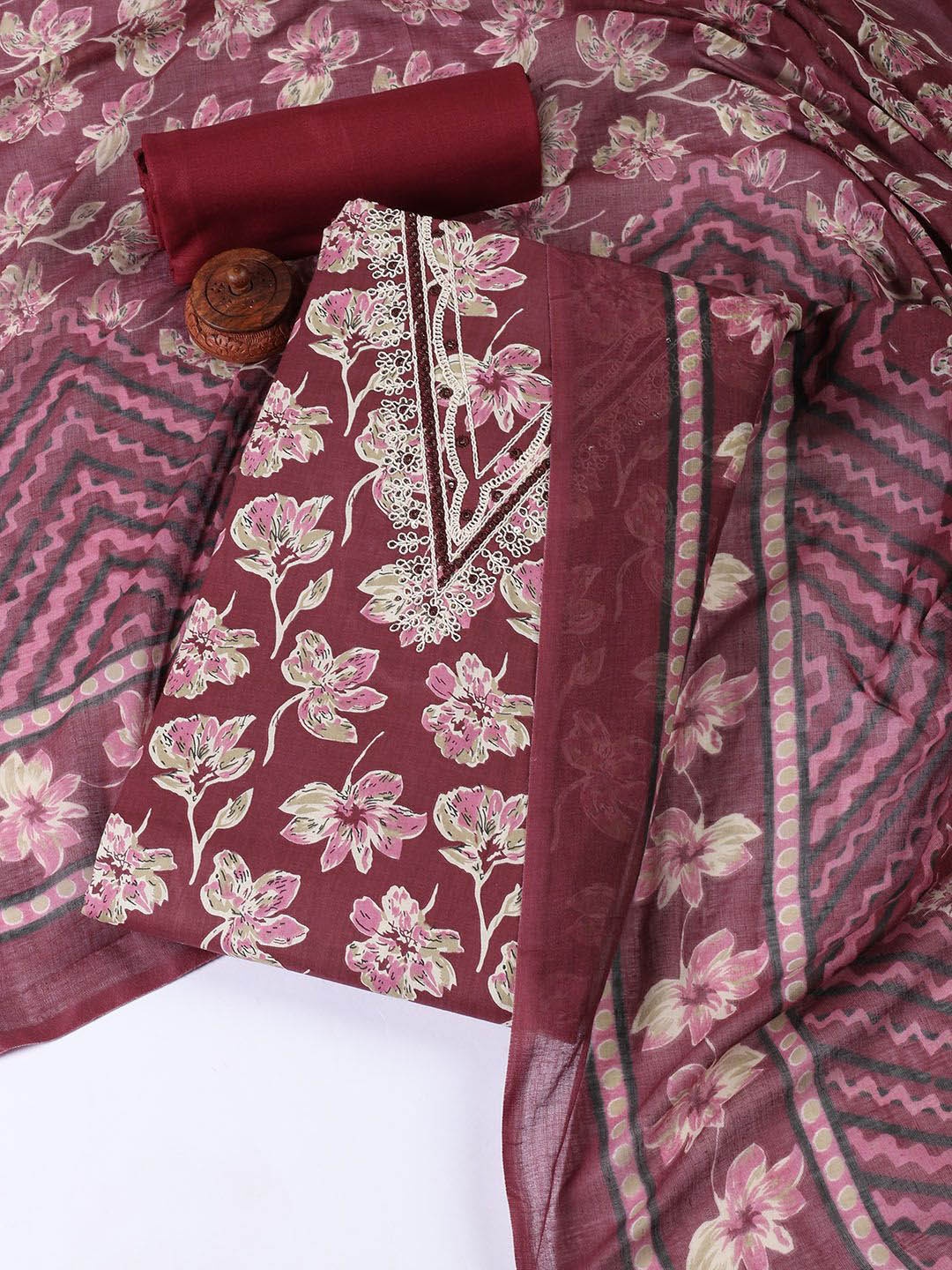 

Meena Bazaar Printed Unstitched Dress Material, Burgundy