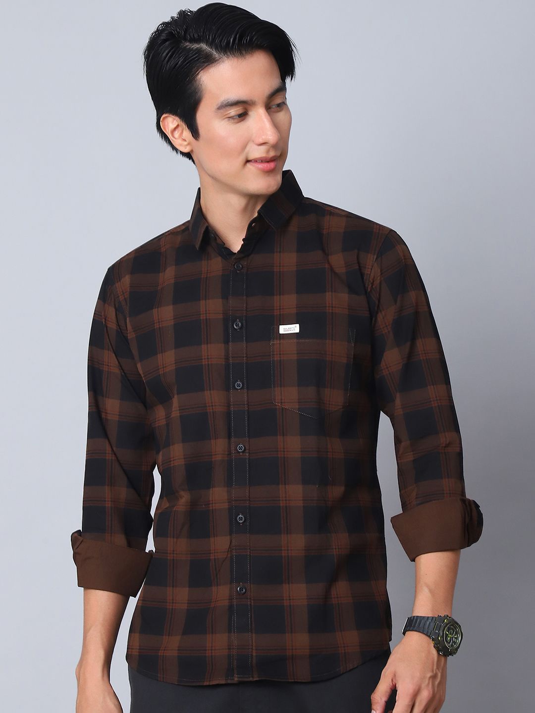 

Majestic Man Men Comfort Slim Fit Opaque Checked Casual Shirt, Brown