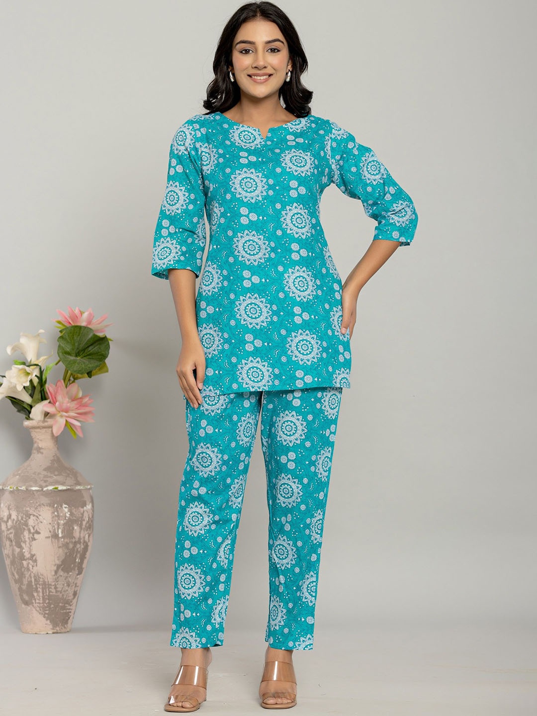 

Serenita Printed Pure Cotton Top With Trouser Co-Ords, Blue
