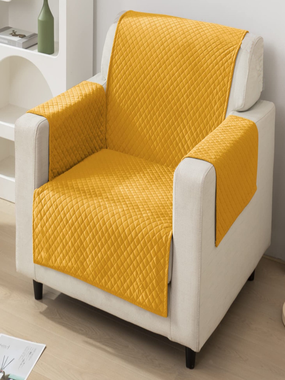 

Fashion Throw Yellow Checked Velvet 3 Piece Sofa Cover With Arms