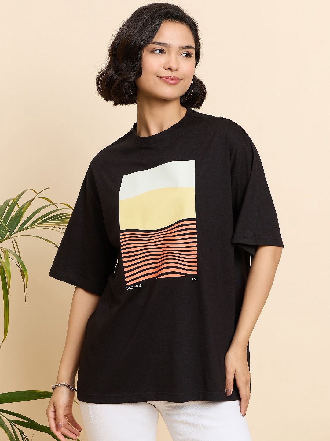 

Mast & Harbour Women Printed Drop-Shoulder Sleeves T-shirt, Black