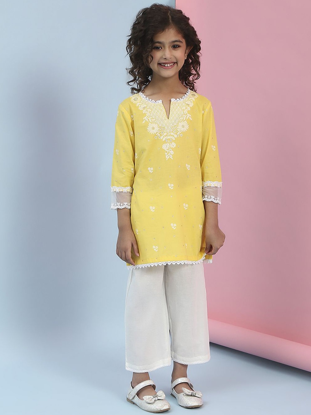 

Biba Girls Paisley Embroidered Regular Pure Cotton Kurta with Trousers, Yellow