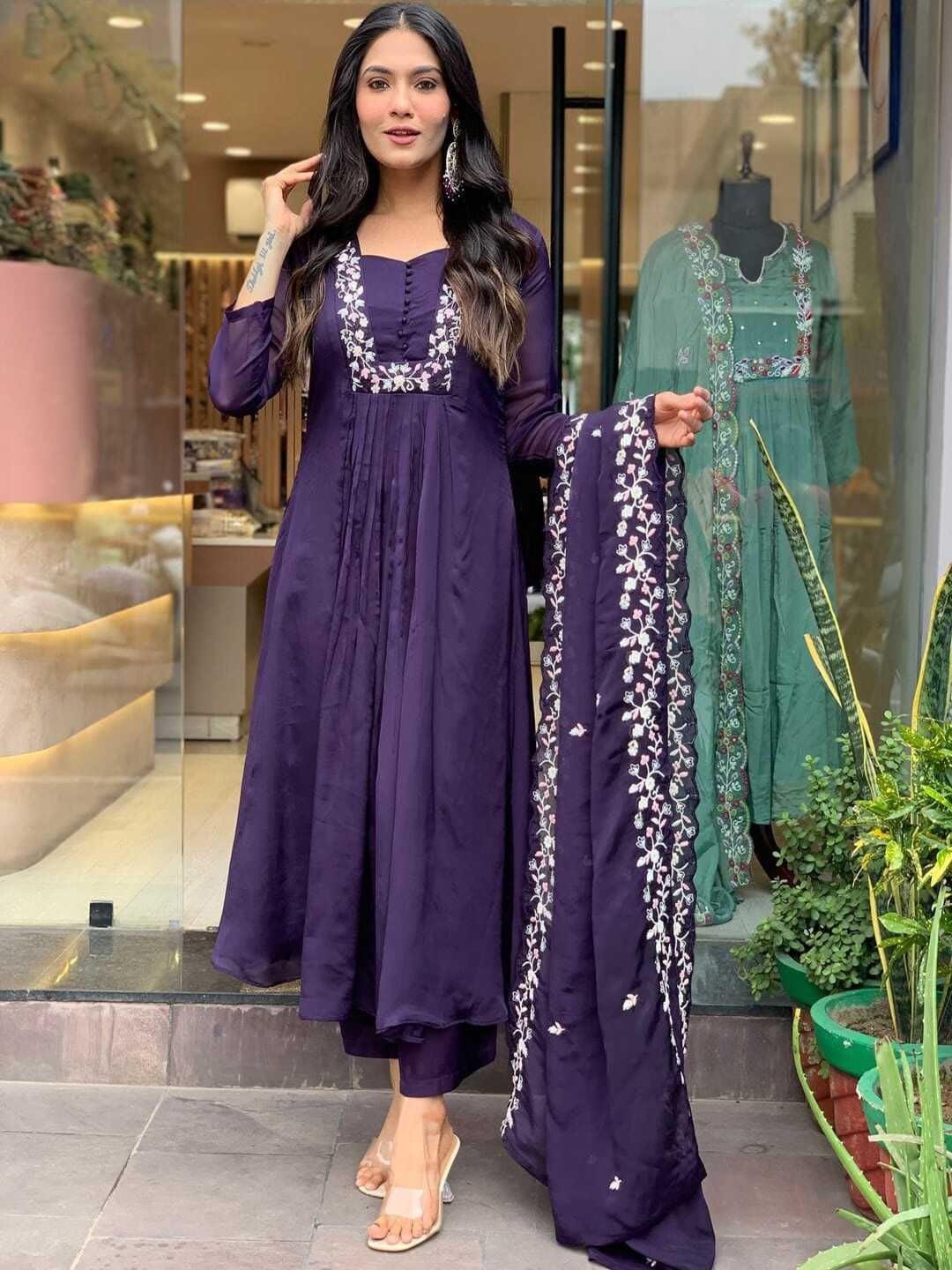 

SHIJILA Floral Yoke Design Thread Work Pleated Anarkali Kurta with Trousers & Dupatta, Violet